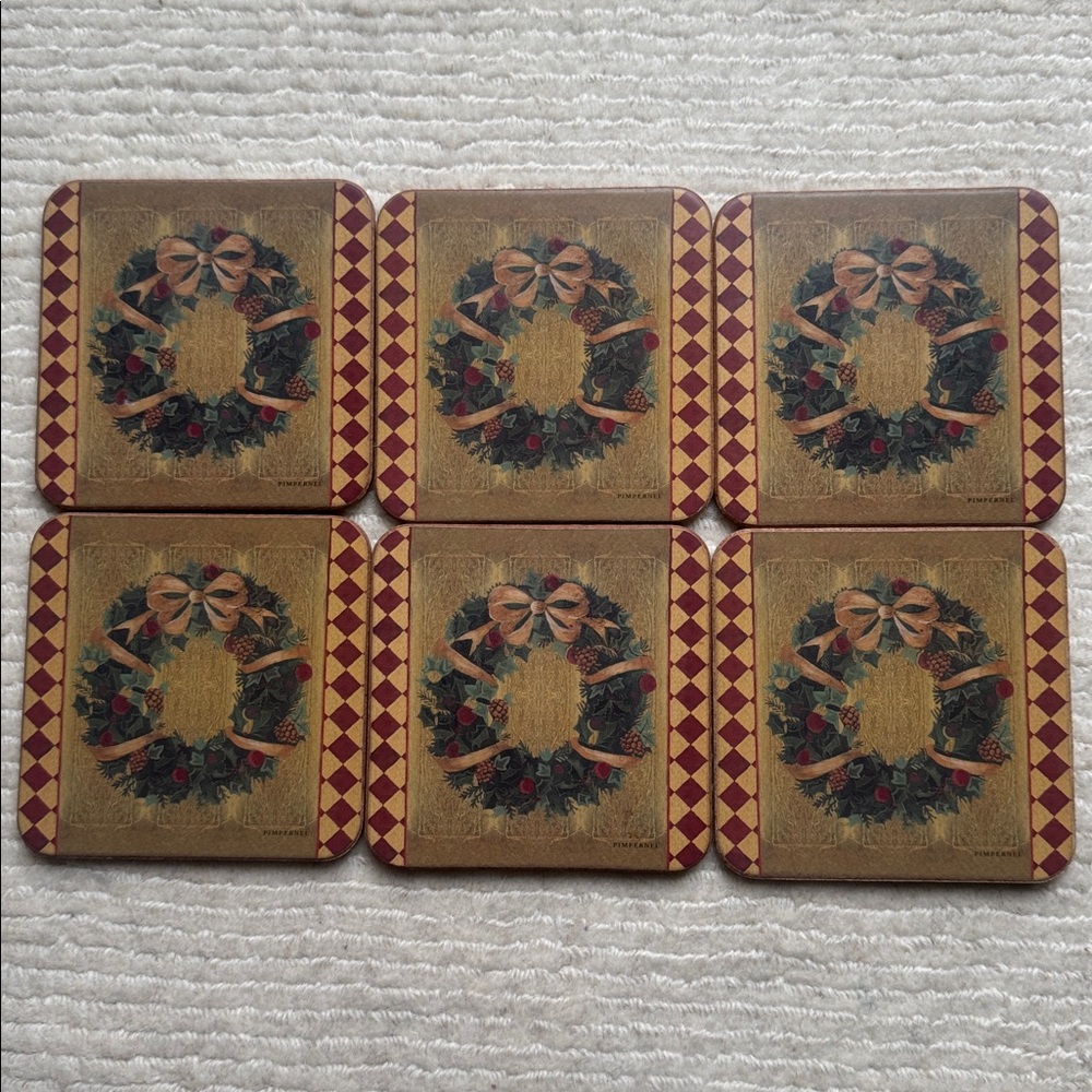 Pimpernel Christmas Wreath Coaster Set of 6 Vintage Holiday Table Decor